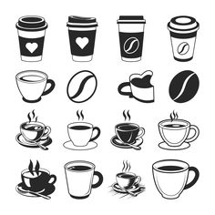 coffee cups and saucers with hearts on the top, black and white illustration stock photo