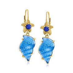 Italian Tagliamonte Blue Venetian Glass Seashell Drop Earrings, Lapis Over. From Italian designer Tagliamonte, these fantastic blue Venetian glass seashell drop earrings boast masterful craftsmanship and an incredibly unique design. Features 4mm round lapis cabochons set in 18kt yellow gold over sterling silver. Made in Italy. Natural pyrite flecks in lapis will vary. Hanging length is 1 1/2". Leverback, Tagliamonte lapis and blue Venetian glass seashell drop earrings. Blue Jewlery, Lapis Lazuli Stone, Blue Fits, Venetian Glass, Stone Cuts, Fine Jewellery Earrings, Blue Stone, Blue Glass, Sea Shells