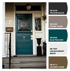 the front door is painted in shades of gray, blue and green with white trim