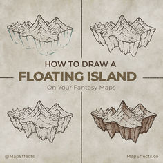 How to draw the underside of a floating island on your fantasy rpg maps Floating Island Reference, How To Draw Floating Islands, Floating Island Drawing Simple, How To Draw Maps Step By Step, Diy Map Drawing, Fantasy Island Map Drawing, Fantasy Island Map, Island Reference