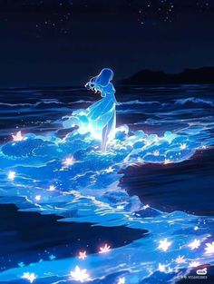 a woman standing on top of a wave in the ocean under a sky filled with stars