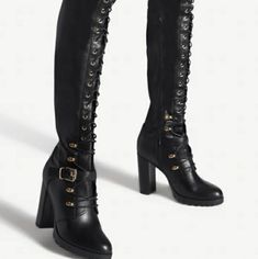 An Over-The-Knee Combat Boot Featuring A High Block Heel, Decorative Buckle Strap, Adjustable Laces, And Zipper Closure. Material: Faux-Leather Features: Sd Dream Sole Double The Padding For Comfort, Support, And Ease Of Movement Calf Circumference: Based On Size 8 With 14" Shaft Point; Reg: 16.3''-16.5'' Outside Heel Height: 4" Closure: Functional Inside Zipper; Adjustable Laces Shaft Height: 26.5" Ew( Extra Width) Color: Black *** All Shoes Are Mailed Without Original Box****** If You Need A B Black Knee High Lace Up Boots, Black Knee High Boots With Dress, Black Boots Heel, Bayonetta Shoes, Assassin Boots, Lace Boots Outfit, Fantasy Shoes Boots, Combat Heels, Armored Boots