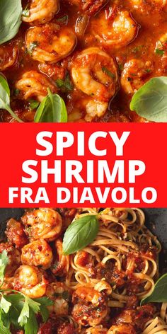 the cover of spicy shrimp fra davolo with pasta and basil leaves on top