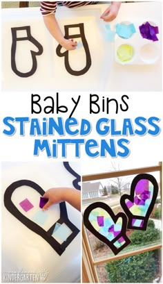 a collage of photos with the words baby bins stained glass mittens