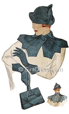 1934 Hat, Collar, Purse & Gloves Acc30-1353 – EvaDress Patterns Witches Dance, Cape Collar, Patron Vintage, Different Hats, Motif Vintage, Retro Mode, 1930s Fashion, Couture Vintage, Vintage Hat