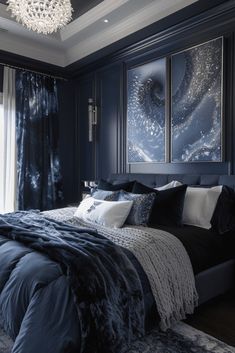 a large bed sitting in a bedroom next to a window with blue curtains on it