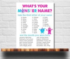 a printable monster baby shower game with the words what's your monster name?