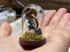 a hand is holding a miniature clochel with sea shells in it and purple flowers