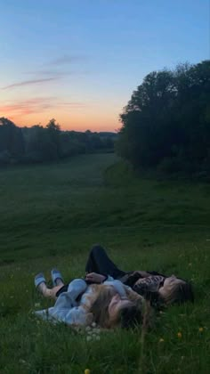 two people laying in the grass with their heads on each other and one person lying down