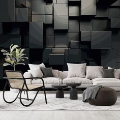 a modern living room with black and white walls