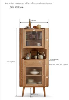 a wooden cabinet with glass doors and shelves on the bottom, measurements for each shelf