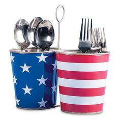 two cups with forks and spoons in them, one has an american flag design