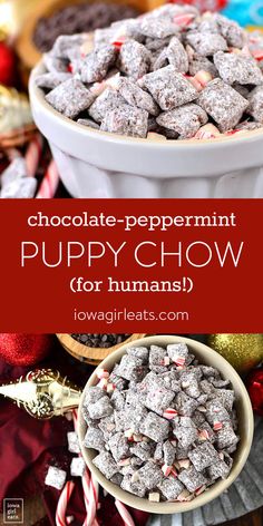 chocolate peppermint puppy chow for humans with candy canes and candies in the background