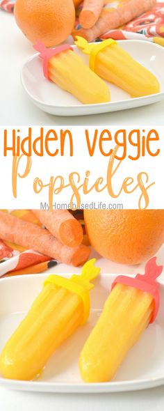 an orange and some carrots on a plate with the words hidden veggie popsicles