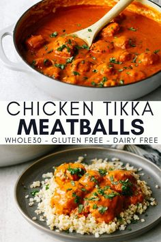 chicken tikka with meatballs and rice in a skillet on the side, next to it is a serving dish