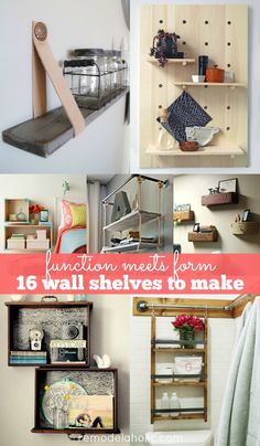 some shelves that have items on them and the words kitchen meets form 16 wall shelves to make