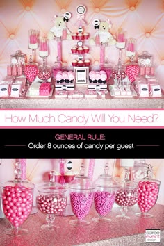 candy bar with pink and white candies in glass vases on the counter top