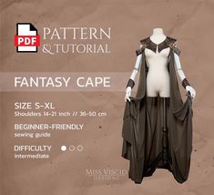 an image of a costume on display with the text, fantasy cape size s - xxl beginner friendly sewing guide