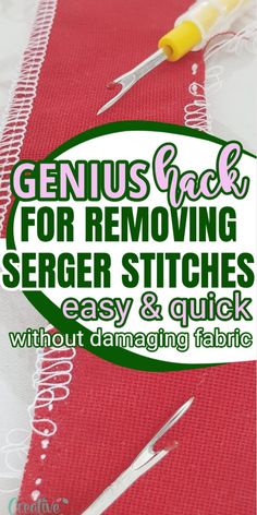 a pair of scissors sitting on top of a red table cloth with the words genius back for removing sever stitches easy and quick without changing fabric