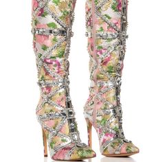 You’d Better Channel That Main Character Energy In The Azalea Wang" Caged Confidence " Baby Pink Brocade Embellished Boot! This Fabulous Statement Shoe Is Made With A Gorgeous Floral Brocade Upper And Consists Of Silver Metallic Faux Leather Detailing Ultra-Embellished With An Assortment Of Opaque Rhinestones, Gemstones, And Studded Accents. Complete With A Knee-High Shaft, A Pointed Toe Silhouette, A Slim Stiletto Heel, And An Inner Ankle Zipper Closure. - 4.5” Stiletto Heel - 15.5” Shaft Heigh Jorge Gonzalez, Pink Brocade, Size 11 Heels, Faux Leather Jackets