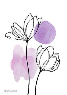 watercolor painting of two flowers on white paper with pink and purple colors in the background