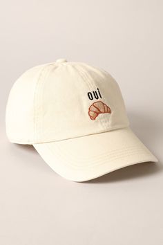 Get ready to hit a home run in style with our Oui Croissant Baseball Cap! The cute embroidery takes this classic hat to the next level, making it perfect for any casual outfit. (Score a fashion win with this cap that screams "oui" to croissants and style!) Luxury Cotton Baseball Cap With Curved Brim, Trendy Flat Brim Baseball Cap For Baseball Season, Trendy Flat Brim Baseball Cap, Baseball Hat Embroidery, Baseball Cap For Women, Mint Sweater, Embroidery Hat, Cute Cap, Hat Hair