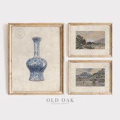 three framed art pieces depicting vases and mountains in the background with text that reads old oak