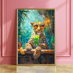 a painting of a cheetah sitting on top of a table next to a pink wall