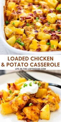 loaded chicken and potato casserole in a white dish