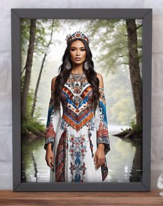 a woman with long hair wearing an ethnic dress and jewelry stands in front of a river