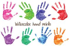 colorful hand prints with the words watercolor hand prints written in different colors on them