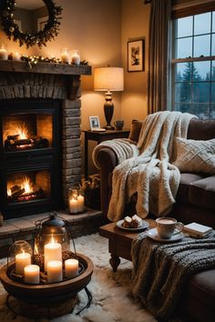 a cozy living room with candles lit in front of the fire place and blankets on the couch