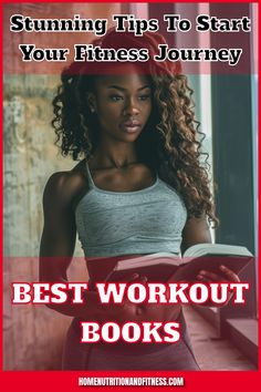 a woman reading a book with the title'best workout books'in front of her