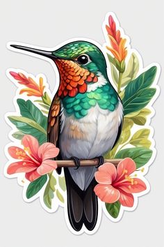 a sticker with a hummingbird sitting on a branch surrounded by flowers and leaves