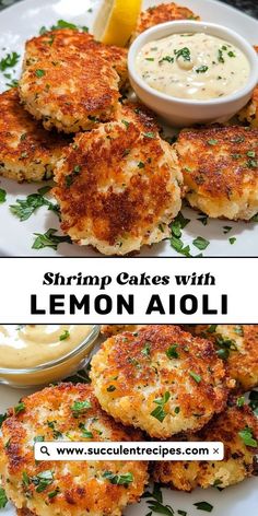 Golden and crispy on the outside, tender on the inside, these Shrimp Cakes with Lemon Aioli are an irresistible combination. Serve as an appetizer or a main course for a delightful meal that everyone will love! Shrimp Cakes With Lemon Aioli, Shrimp Appetizers For Party, Shrimp And Scallop Recipes, Cakes With Lemon, Pickled Fish, Creamy Shrimp Pasta, Shrimp Cakes, Seafood Dish Recipes, Lemon Aioli