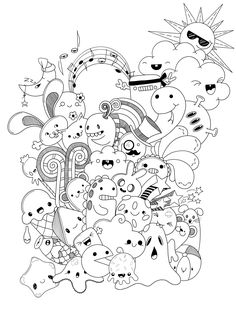 a coloring page with lots of cartoon characters and music notes in the background, as well as