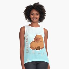 a women's tank top with a cartoon character on the front, and an image of a beaver holding a nut