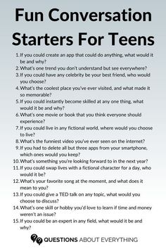 a poster with the words fun conversation starter for teens on it's back cover