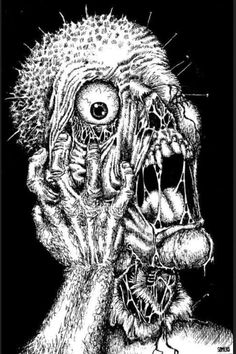 a black and white drawing of a monster with its mouth open