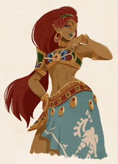 a drawing of a woman with red hair wearing a blue skirt and holding her hand on her hip