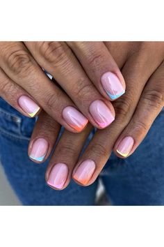 Pink Press on Nails Short Fake Colorful Designs Fake Nails Square Shape Glue on Nails French False Nails Cute Full Cover Glossy Stick on Nails Rainbow Acrylic Nails for Women Girls Manicure Decoration Ballet Nails, French Tip Nail Designs, Nails For Women, Neon Nails, Girls Nails