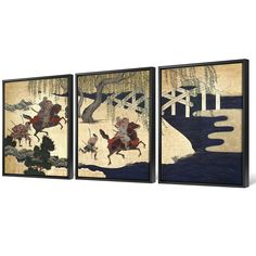 three framed paintings depicting people riding horses