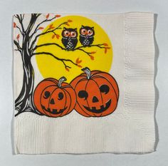 two owls sitting on top of pumpkins in front of a full moon and tree