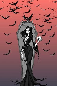 a drawing of a woman in a black dress with bats flying around her and a skull on the ground