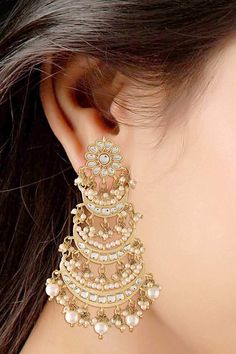 Buy Women's Alloy Chandbali Earrings in White Golden Chandbali Earrings, Earrings For Traditional Wear, Kundan Chandbali Earrings, Earing For Sarees, White Earrings Indian, Earrings For Lehenga, Chandbali Earrings Gold, Earrings For Saree, Onam Outfits