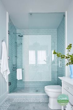 a white toilet sitting next to a walk in shower