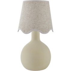 a white table lamp with a beige shade on the base and a light grey linen shade on the top