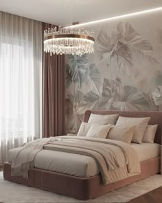 a bedroom with a large bed, chandelier and wall papered in floral designs