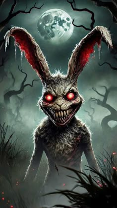 a creepy bunny with glowing eyes and red eyes