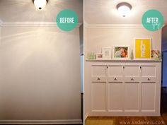 before and after pictures of a white painted room